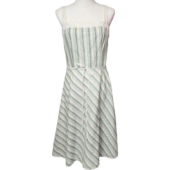 LOFT Dresses & Skirts - ANN Taylor LOFT Green and White Striped Cotton Fit & Flare Dress Size 10